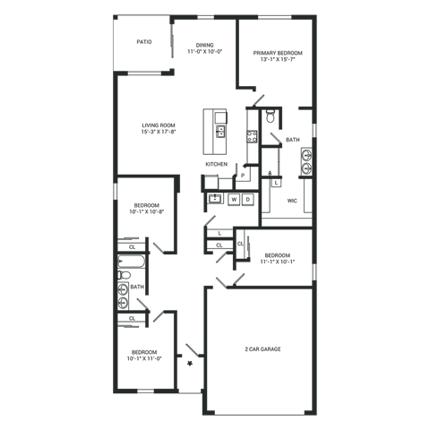 Floor plan for 4 beds, 2 baths, 1832 sqft